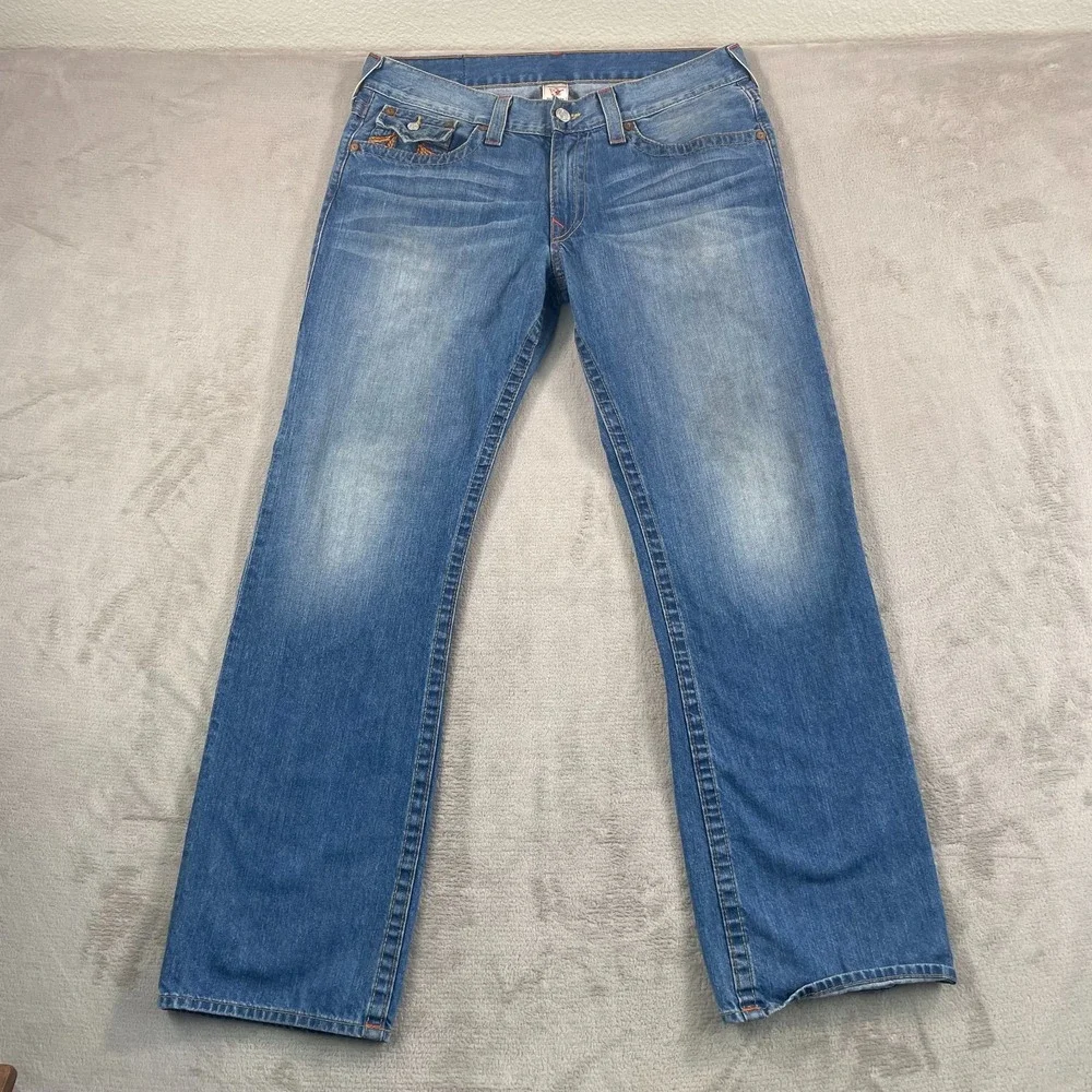 True‎ Religion Embroidered Flap Pockets Thick Stitch Men 36x33 Blue Made in USA